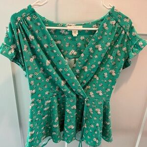 Monteau Floral Wrap Top Large Green Peplum Tie Front Blouse